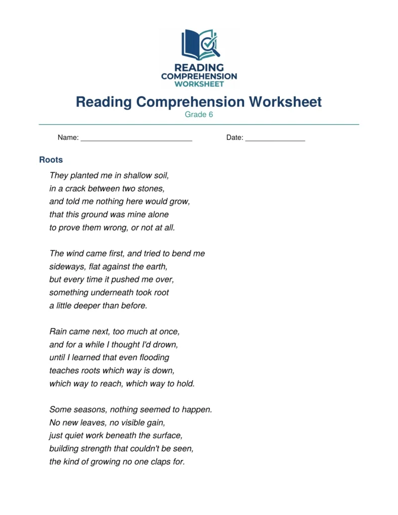 Grade 6 Poetry Worksheet: "Roots" (PDF)
