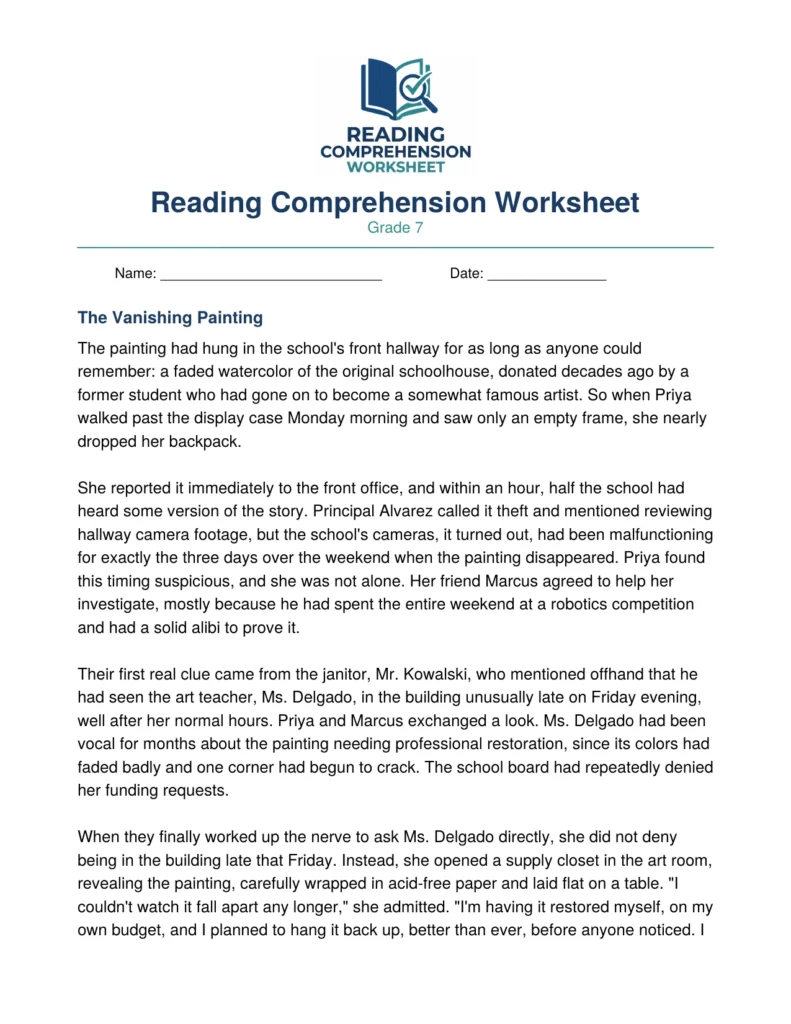 Grade 7 Mystery Worksheet: The Vanishing Painting (PDF)