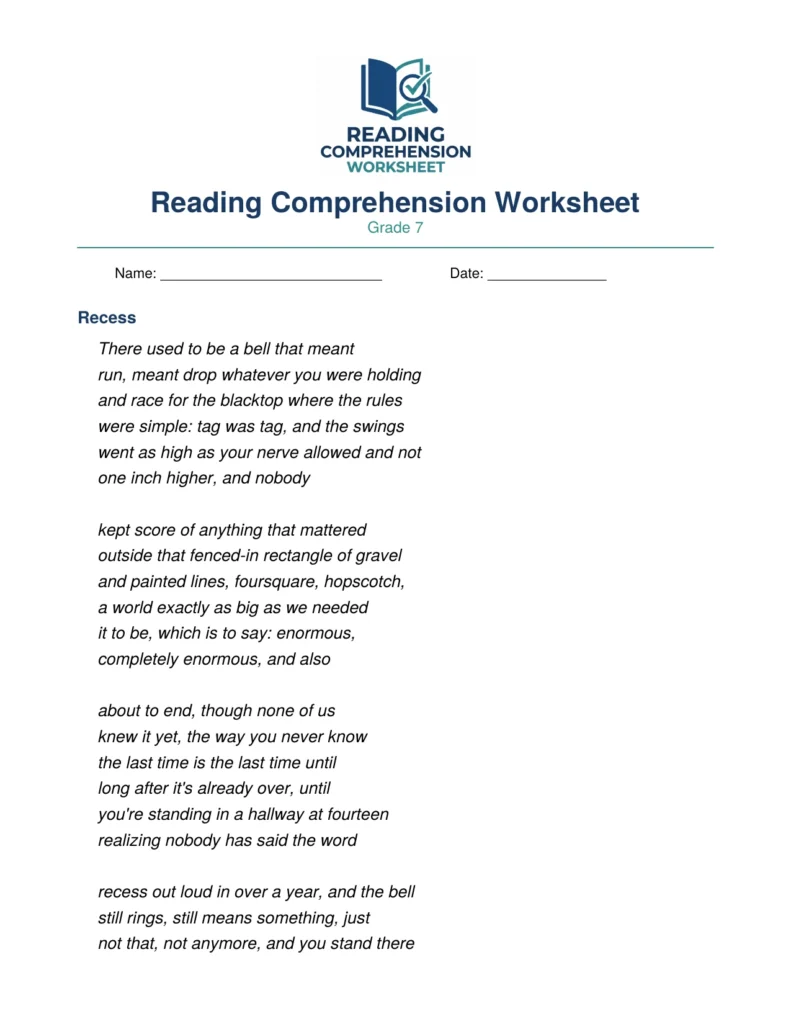 Grade 7 Poetry Worksheet: "Recess" (PDF)