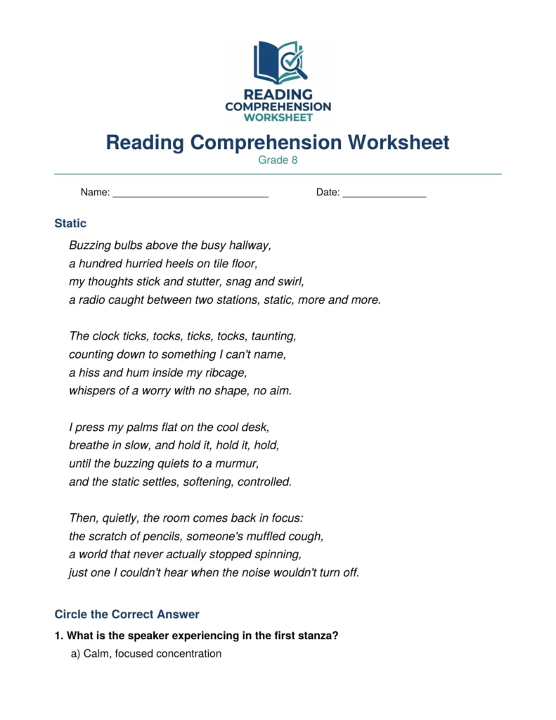 Grade 8 Poetry Worksheet: "Static"
