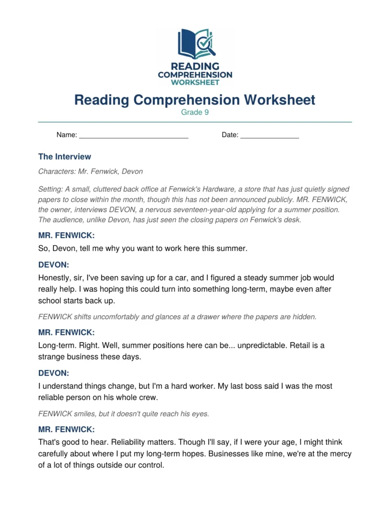 Grade 9 Drama Worksheet: "The Interview" (PDF)