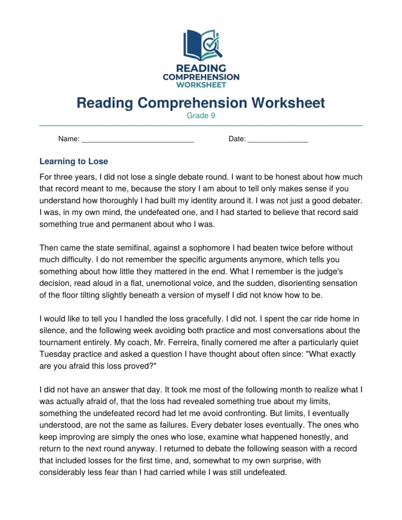 Grade 9 Narrative Nonfiction Worksheet: Learning to Lose (PDF)