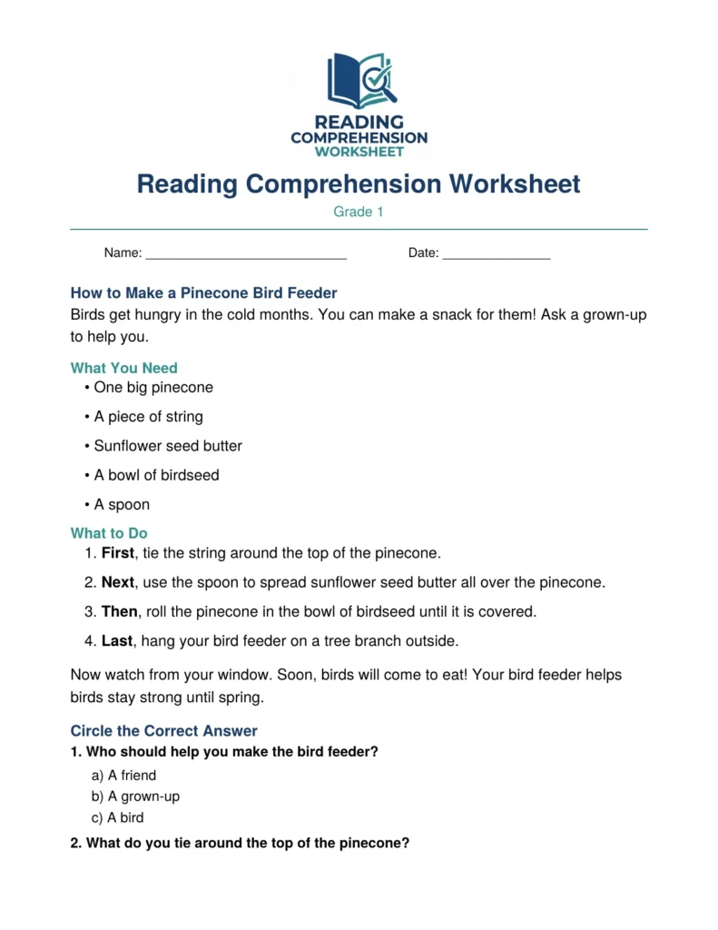 Grade 1 how-to reading worksheet preview: How to Make a Pinecone Bird Feeder, with sequencing questions