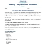 Grade 1 fairy tale reading comprehension worksheet The Dragon Who Was Afraid of the Dark, page 1 with story and questions