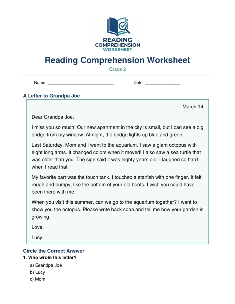 Grade 2 friendly letter worksheet preview: A Letter to Grandpa Joe, with parts of a letter questions